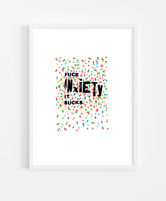 The wording was originated using some letterpress blocks – this doodle was created using a laser printer and some acrylic marker pens. It's on A4 white 160gsm paper and is a one off piece.