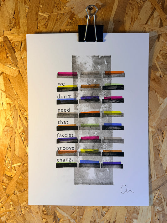Textual art piece with coloured bars and text on a white background, one off original artwork. Linoprint, letterpress, maker pens.