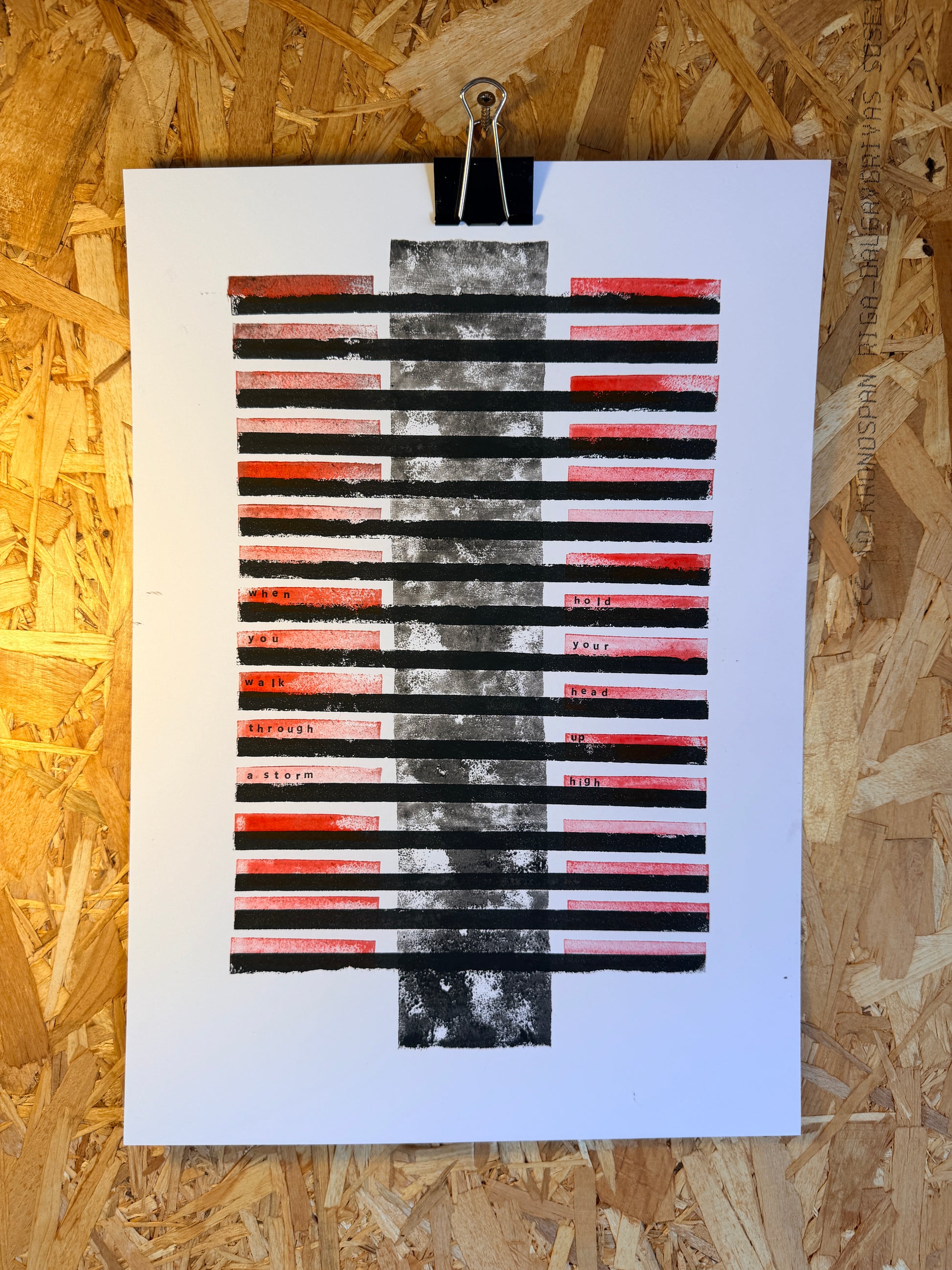 Artistic print with black, red, and white stripes on white paper, created using linoprint and letterpress. A one off original artwork inspired by Liverpool FC.