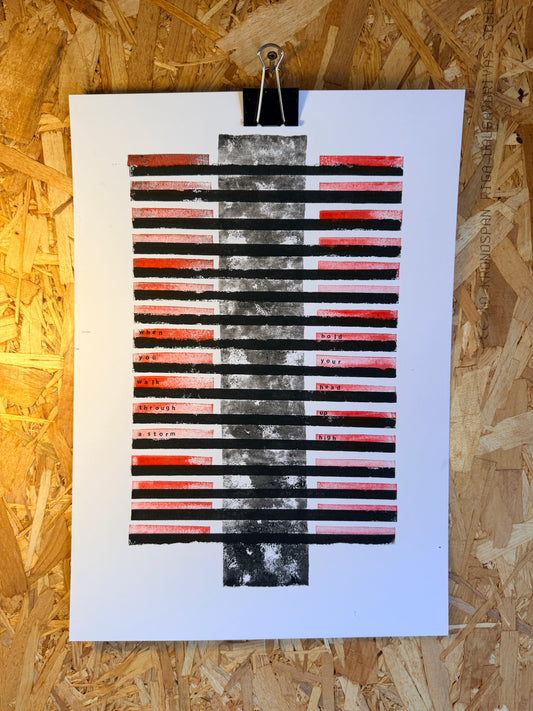 Artistic print with black, red, and white stripes on white paper, created using linoprint and letterpress. A one off original artwork inspired by Liverpool FC.